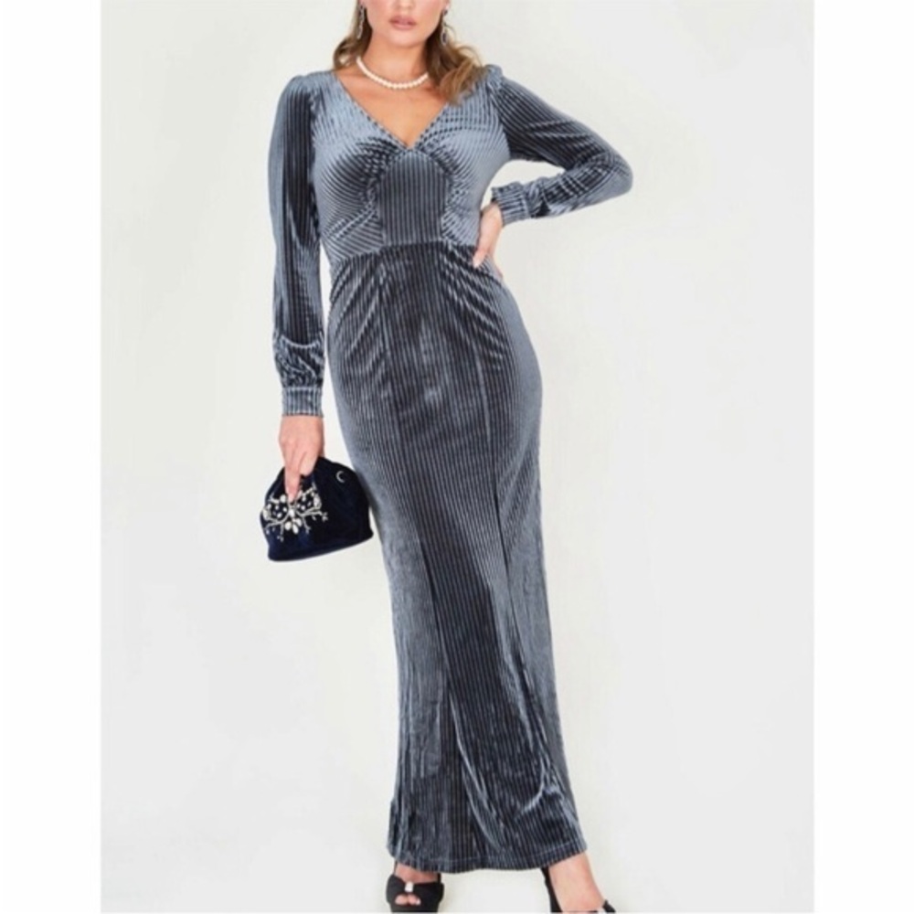 New Voodoo Vixen The Edith Velvet Gown Maxi Dress Jewel Grey Medium